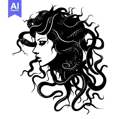 Aset premium populer: A Black and White Illustration of Medusa, a Gorgon with Snakes for Hai