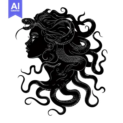 Aset premium populer: Black and White Silhouette of Medusa with Snakes for Hair