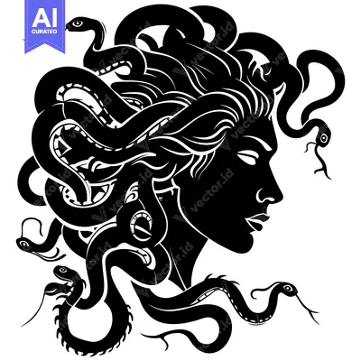 Aset desain premium: Silhouette of Medusa, Greek Mythological Figure with Snakes for Hair