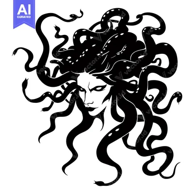 Premium design asset: Black and White Illustration of Medusa's Head with Snakes