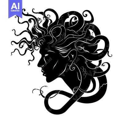Aset desain premium: A Black and White Silhouette of Medusa with Snakes for Hair