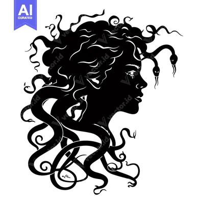 A Black and White Silhouette of Medusa with Snakes for Hair