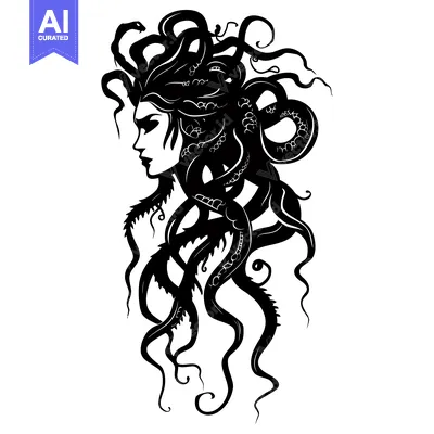 Aset desain premium: Black and White Silhouette of Medusa with Snakes for Hair