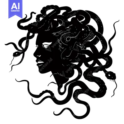 A Black and White Silhouette of Medusa with Snakes for Hair