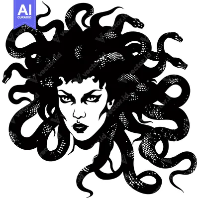 A Black and White Illustration of Medusa with Snakes for Hair