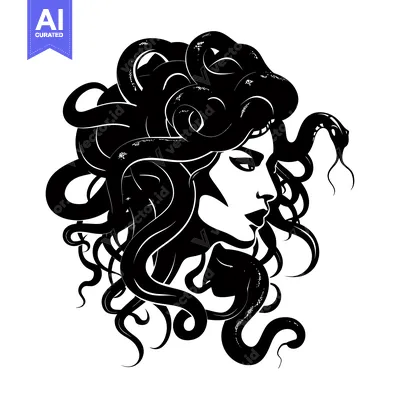 Black and White Illustration of Medusa with Snakes for Hair