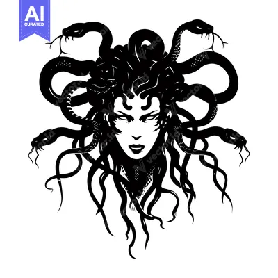 A Black and White Illustration of Medusa, a Greek Mythological Gorgon