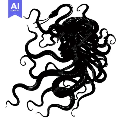 Aset premium populer: A Black and White Silhouette of Medusa with Snakes for Hair