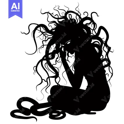 Aset desain premium: Silhouette of a woman with long, flowing hair, sitting in a curled pos