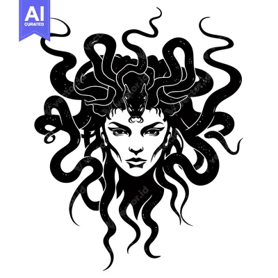 Popular premium asset: Black and White Illustration of Medusa's Face with Snakes for Hair
