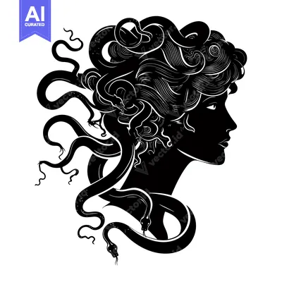 Aset desain premium: A black and white silhouette of Medusa, the Gorgon with snakes for hai