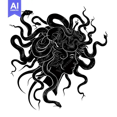 A Black and White Silhouette of Medusa with Snakes as Hair