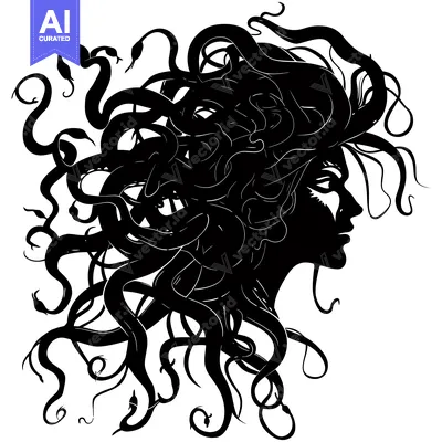 Black and White Silhouette of Medusa's Head with Snakes