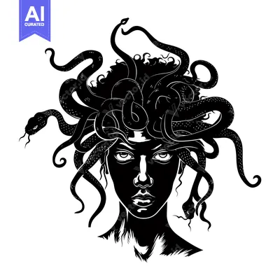 A black and white illustration of Medusa, the Gorgon with snakes for h
