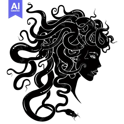 Aset desain premium: A Black and White Silhouette of Medusa with Snakes for Hair