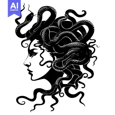 Popular premium asset: Black and White Silhouette of Medusa with Snakes for Hair