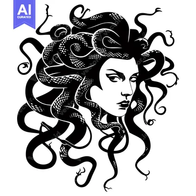 Premium design asset: Black and White Illustration of Medusa with Snakes for Hair