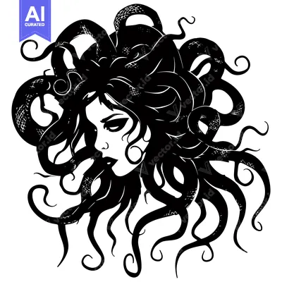Aset premium populer: Black and White Illustration of Medusa, Greek Mythological Gorgon with