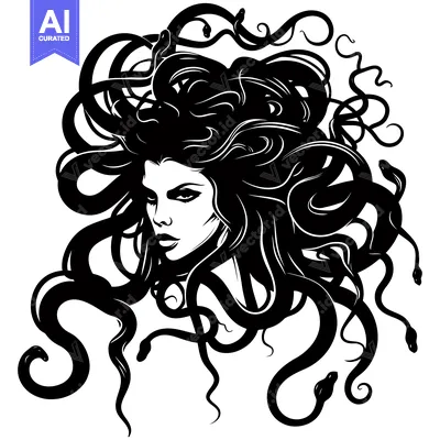 Aset desain premium: A Black and White Illustration of Medusa, the Gorgon with Snakes for H