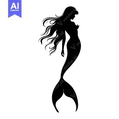 Aset desain premium: Black and White Silhouette of a Mermaid