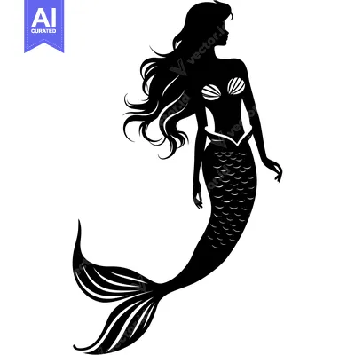 Aset desain premium: Black and White Silhouette of a Mermaid with Long Hair