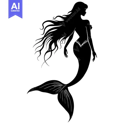 Premium design asset: Black and White Silhouette of a Mermaid with Flowing Hair