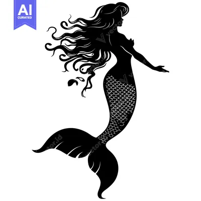 Aset desain premium: Black and White Silhouette of a Mermaid with Long Flowing Hair and a S