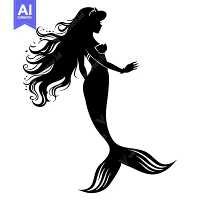 Black Silhouette of a Mermaid with Flowing Hair and a Crown