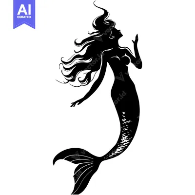 Premium design asset: A Black and White Silhouette of a Mermaid with Flowing Hair