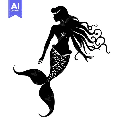 Aset premium populer: Black and White Silhouette of a Mermaid with Long Flowing Hair