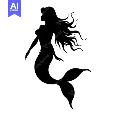 Aset premium populer: A Black and White Silhouette of a Mermaid with Flowing Hair