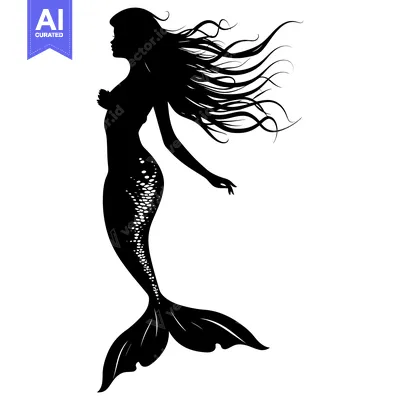 Aset premium populer: Black Silhouette of a Mermaid with Flowing Hair and Scaled Tail