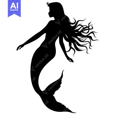 Aset premium populer: Black and White Silhouette of a Mermaid with Long Flowing Hair and a C