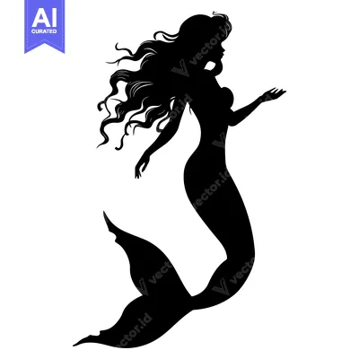 Aset desain premium: Silhouette of a Mermaid with Long Flowing Hair and Tail