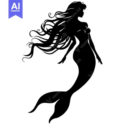 Aset desain premium: Silhouette of a Mermaid with Long Flowing Hair and a Tail