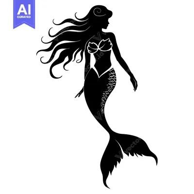 Black Silhouette of a Mermaid with Flowing Hair and a Scaled Tail