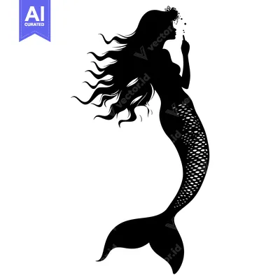 Aset desain premium: Silhouette of a Mermaid with Flowing Hair and a Scaled Tail