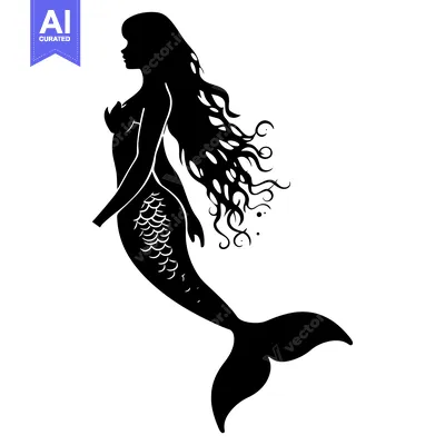 A Black and White Silhouette of a Mermaid with Long Flowing Hair