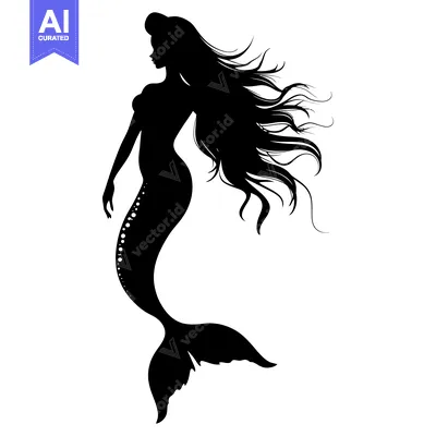 Aset desain premium: Black Silhouette of a Mermaid with Flowing Hair and Scaled Tail