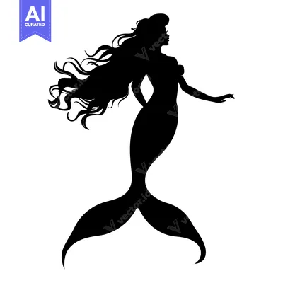 Aset desain premium: Black Silhouette of a Mermaid with Long Flowing Hair
