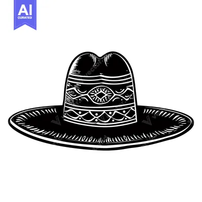 Premium design asset: A Black and White Illustration of a Wide-Brimmed Hat with a Detailed D
