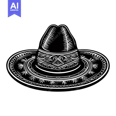 Aset desain premium: A Black and White Illustration of a Sombrero with Ornate Design