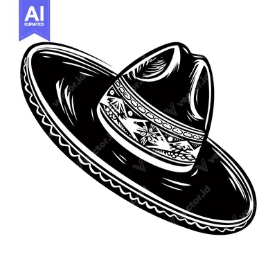 Aset desain premium: Black and White Illustration of a Sombrero with a Detailed Design