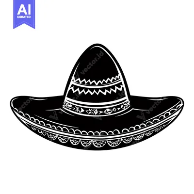 Aset desain premium: Black and White Illustration of a Traditional Mexican Sombrero Hat