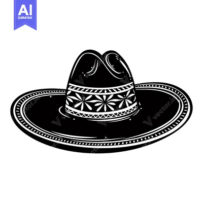 Aset desain premium: Black and White Illustration of a Sombrero with Floral Design
