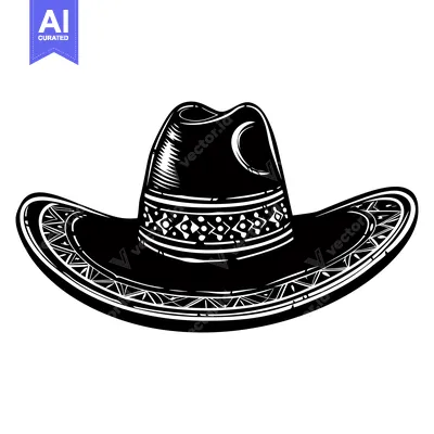 Popular premium asset: Black and White Illustration of a Cowboy Hat with a Patterned Band