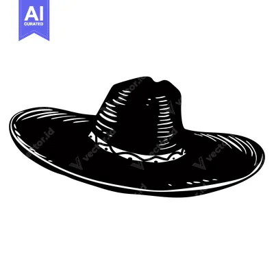 Aset desain premium: Black and white illustration of a wide-brimmed hat