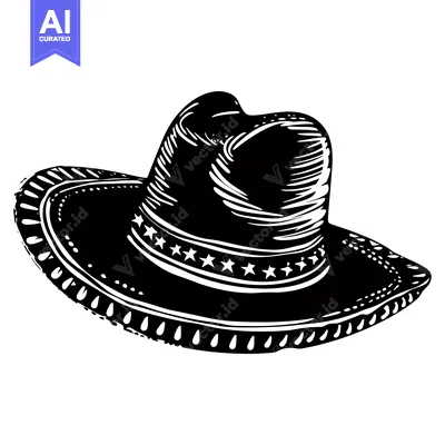Premium design asset: Black and White Illustration of a Cowboy Hat with a Star-Shaped Band
