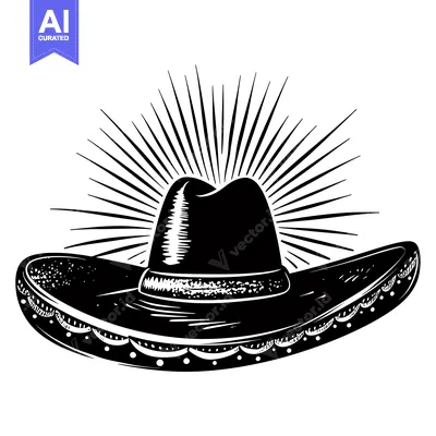 Aset desain premium: A Black and White Illustration of a Sombrero with a Sunburst Design