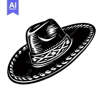 Aset premium populer: Black and White Illustration of a Wide-Brimmed Hat with Decorative Det